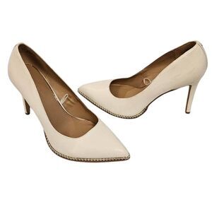 BCBGeneration Silver and White Pointed-Toe Heels with Metallic Trim